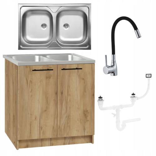 Küchenschrank 80 cm Eiche Gold 2-Kammer Spüle Armatur Schwarz Flex Set Standschrank 46cm Tiefe Elastische Armatur Siphon Montagefertig XXL