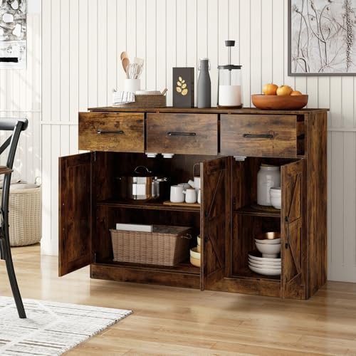 GIANTEX Sideboard Holz, Küchenschrank mit Arbeitsplatte, Buffetschrank mit 3 Schubladen & verstellbare Ablage, Beistellschrank mit 2 Kippschutzvorrichtungen, Buffet Anrichte, Mehrzweckschrank stehend