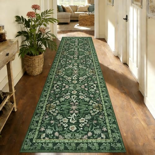 Edlbaegy Blumenmuster Teppich Läufer 80X300cm Grün Läufer Flur Waschbarer Flur Teppich rutschfest Küchenläufer Boho Lang Teppichläufer für Eingang Badezimmer Waschküche