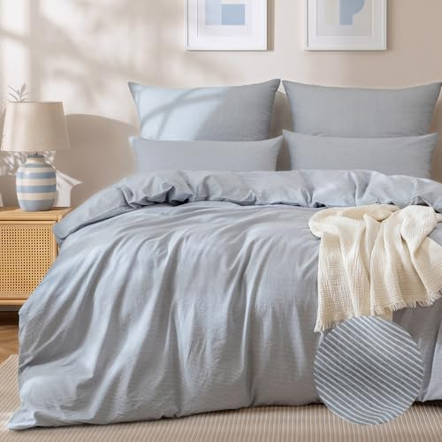 SOULFUL Bettwäsche 135x200 Baumwolle Gestreift Oeko-TEX Hellblau & Weiß | 100% Gewaschene Baumwolle Bettwäsche-Sets mit Leinenartigem Griff Enthält 1 Bettbezug 135x200 und 1 Kissenbezüge 80x80