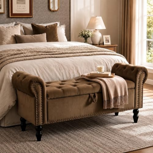 Clevich Banc de Rangement 133cm, Banc Bout de Lit, Vérin à Gaz, Sofa Bench | Banquette de Lit, Coffre de Rangement en Velours Rembourrée, en Bois, Coffre de Rangement pour Chambre et Salon, Brun foncé