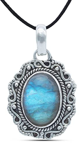 mantraroma Kettenanhänger 925 Silber Labradorit grün blauer Stein Edelstein Kettenanhänger Damen Sterling Silber Halskette Anhänger Geschenk (MAH-106-05)