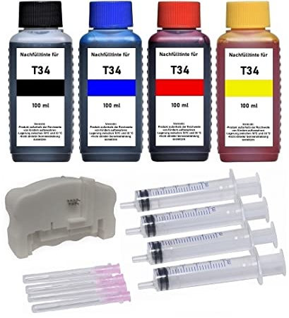 Inkpro Chip-Resetter + Nachfüllset 4 x 100 ml Nachfülltinte für T3471, T3472, T3473, T3474, T34 XL Black, Cyan, Magenta, Yellow für Workforce Pro WF-3720, 3720, 3725