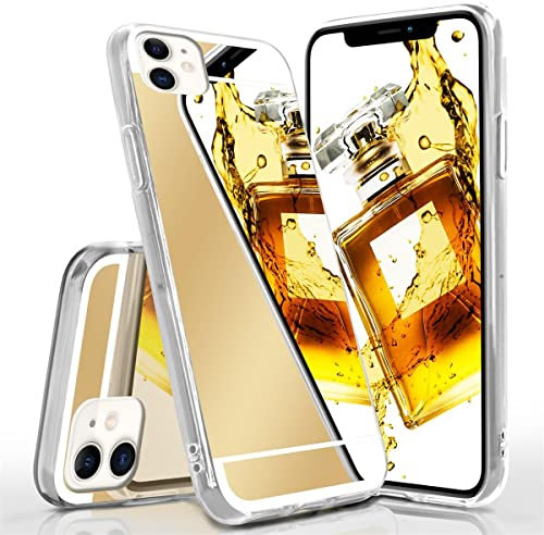 moex Mirror Case für iPhone 11 Hülle mit Spiegel und erweitertem Kantenschutz aus Silikon, Handyhülle verspiegelte Rückseite, Stylische Handy Schutzhülle dünn, Gold