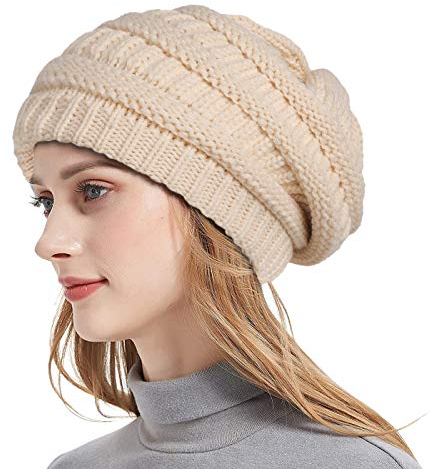 Roniky Winter Knit Beanie Hüte für Frauen, Seide Satin gefüttert Chunky Cap Soft Stretch Cable Knit Warm Slouchy Beanie Hat, Beige, Einheitsgröße