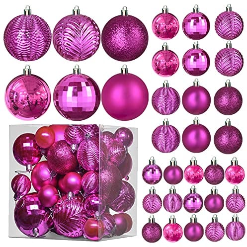 Prextex Boules de Noël Rose Fushia pour Les Décorations de Noël - 36 Boules Noël Roses Incassables avec Fil de Suspension pour Décoration des Fêtes - Boules de Noël (Combo de 6 Styles en 3 Tailles)