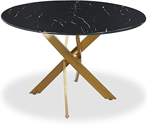 Table Ronde Corix Verre Effet Marbre Noir et Pieds Or