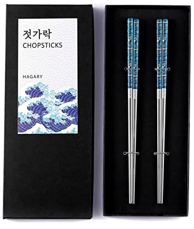 Hagary Blue Wave Chopsticks 2 Pairs Metal Chopsticks Reusable Designed in Korea Japanese Style Stainless Steel 316 18/10 Non-Slip Dishwasher Safe