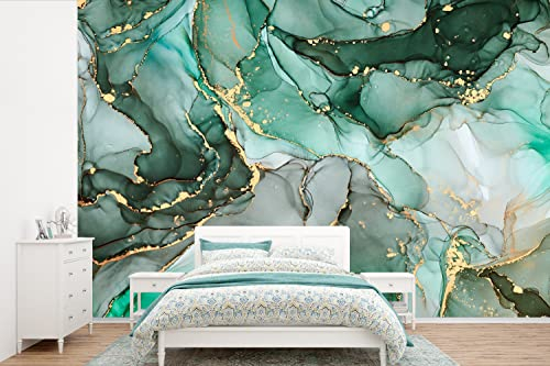 Selbstklebend Tapete Wandpapier Wandaufkleber Fototapete Tapeten Wanddeko 600x400 cm Gold - Marmor - Grün - Luxus - Marmoroptik - Grau