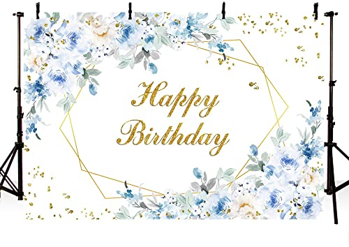 MEHOFOND 2,1 x 1,5 m Happy Birthday Fotografie Hintergrund Mädchen Blau Blumen Gold Pailletten Party Hintergrund Dekorationen Glitzer Hintergrund Foto Banner Portrait Studio Shoot Requisiten Babyparty