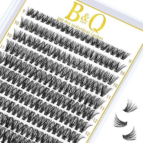B&Q Individual Lashes, 40D Lash Cluster Einzelne Wimpern for Beginners D curl Cluster Lashes, Künstliche Wimpern Pack of 280 (40D-0.07D, 9–15 Mix)