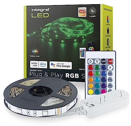 Integral LED 5m RGB Strip Light, WiFi & Smart App Control, Plug & Play, Colour Changing, Dimmable, Music Sync Includes UK Plug Adapter & IR Controller - Works with Alexa and Google Assistant