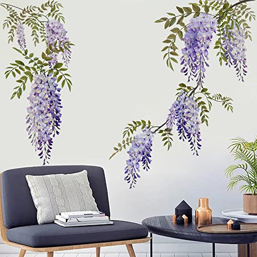 Runtoo Hanging Purple Flower Wall Art Stickers Wisteria Floral Wall Decal for Living Room Bedroom Baby Girls Nursery Wall Decor