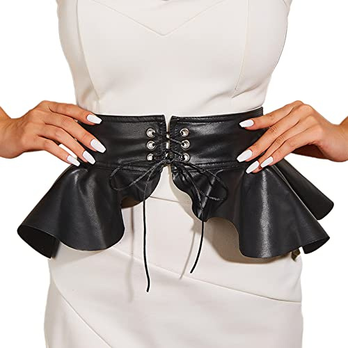 Thereisno Breiter Schößchen-Gürtel, schwarzes Kleid – dekorativer Damenkorsettgürtel mit Leder-Rüschenrock-Bund, Kummerbunds