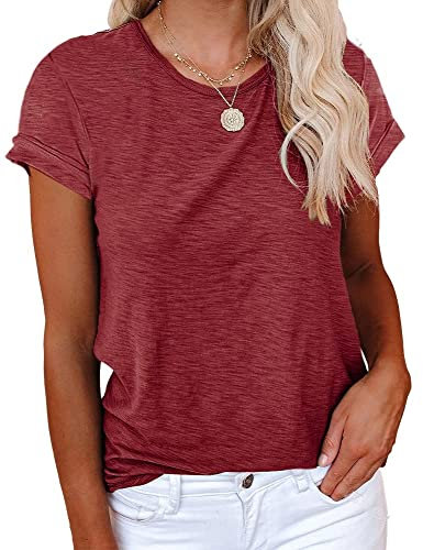 Cicy Bell T-Shirt Für Damen Sommer Kurzarm Oberteile Rundhals Casual Basic Shirts Tops Weinrot M