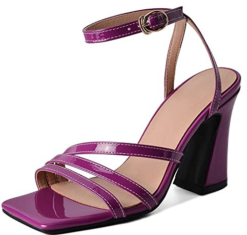 Lizoleor Donna Punta Aperta Bridal Tacco A Blocco Vernice Sandali Eleganti Strappy Estate Festa Moda Scarpe Con Cinturino Alla Caviglia Prom Vestito Viola Numero 36 Eu
