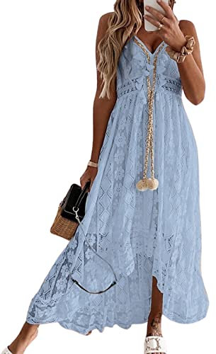 CUPSHE Damen Sommerkleid V Ausschnitt Floral Spitze Quasten Spaghetti Trägerkleid Freizeitkleider Hi-Low Party Boho Beach Maxi Dress Blau XS