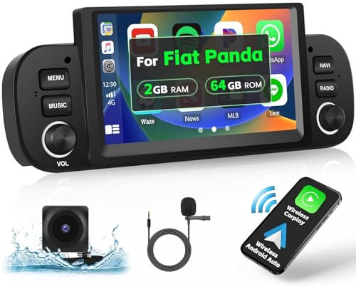 [2G+64G] Hikity 7 Autoradio Android 15 con Wireless CarPlay Android Auto per Fiat Panda 2013 2014 2015 2016 2017 2018 2019 2020 Touchscreen Stereo Auto con GPS HiFi WiFi USB CANBUS Retrocamera Mic