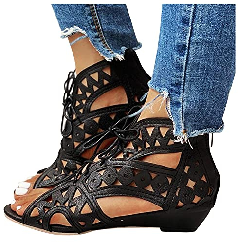 Briskorry Damen Sandaletten Keilabsatz Sandaletten Keilabsatz Retro Vintage Riemchen Elegant Sommerschuhe Blockabsatz Plateau Glitzer Hohl Reißverschluss, Z Schwarz, 38 EU