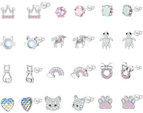 JZTRADING Girls Earrings 12 Pairs Sterling Silver Earrings for Girls Women Silver Small Studs Earrings Set Kids Teenage Girl Cubic Zirconia Hypoallergenic Studs Set (12pairs)