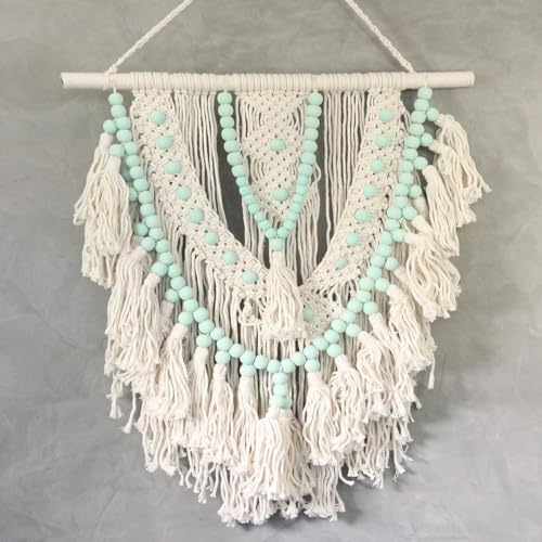 Oriental Galerie Wandbehang Wandschmuck Wandteppich Boho Quaste Deko Gewebter Wandbehang Weiß mit türkisen Perlen 60 cm