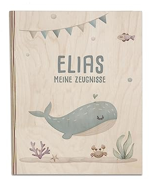 Personalisierte Zeugnismappe aus Birkenholz - Individuelles Geschenk zur Einschulung mit Namen - DIN A4 - Zeugnisringbuch Mädchen & Jungen - hellomini (Wal)