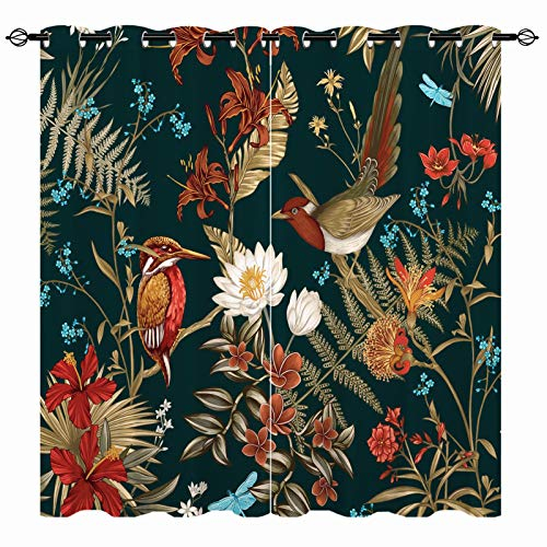 YUANZU Vogel Vorhänge Wald Dschungel Tropischer Ösen Gardinen mit Blickdichte Thermo Vorhang Kälteschutz Blackout Curtain Wohnzimmer Schlafzimmer Verdunkelung Fenster, 2 Stück, H 114 x B 132 cm
