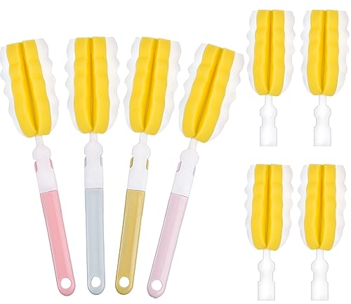 INVODA 4PCS Bottle Brush Long Handle Cup Cleaner Brush Sponge Bottle Scrubber Replaceable Brush Head Portable Bottle Cleaning Brush for Baby Bottle Dishwashing Kitchen Clean Mugs (4PCS+ 4 Brush heads)
