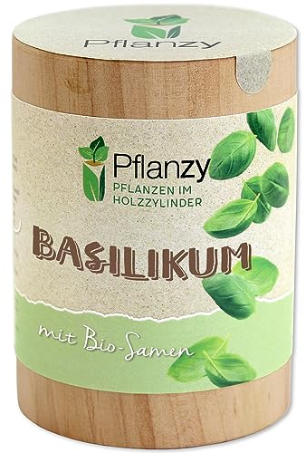 Feel Green Pflanzy Basilikum, Bio Samen, Nachhaltige Geschenkidee (100% Eco Friendly), Grow Your Own/Anzuchtset, Pflanzen im Holzzylinder, Made in Austria