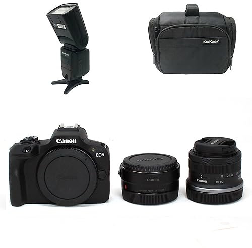 KamKorda Camera Bag + Flash + R Mount Adapter + R100 Mirrorless Camera + RF-S 18-45 f/4.5-6.3 IS STM Lens, 24.1MP APS-C CMOS Sensor, 4K Video + 2 Year Warranty
