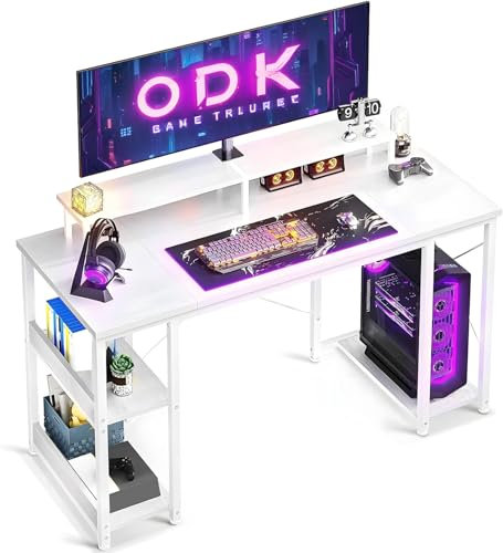 ODK Computer Desk With Monitor Stand, 120 x 50 cm Office Desk With Storage Shelves for Home Office, Study Table for Small Space, White