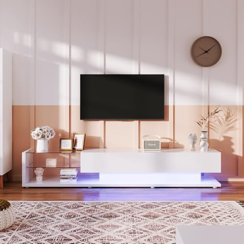 KecDuey TV Schrank 170cm, Lowboards, Hochglanz Wohnzimmermöbel TV Kommode mit Glastrennwände und Variable LED-Beleuchtung,natürlichen, rustikalen Stil mit modernem Design (Weiß)
