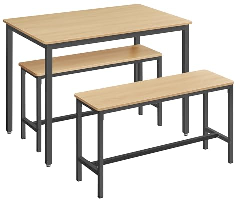 VASAGLE Esstisch mit 2 Bänken, 3er-Set, Küchentisch 70 x 110 x 75 cm, 2 Bänke je 30 x 97 x 50 cm, Stahlgestell, goldeichenfarben-tintenschwarz KDT070B09