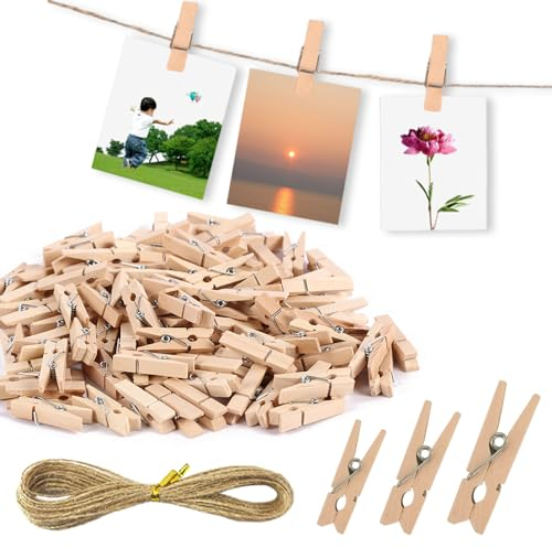 XFentech 150 Stück Mini Holzklammern - Holzklammern Klein 2.5/3/3.5cm Mini Wäscheklammern Deko Holzklammern Fotoklammern mit 10M Jute String Für Fotos Aufhängen