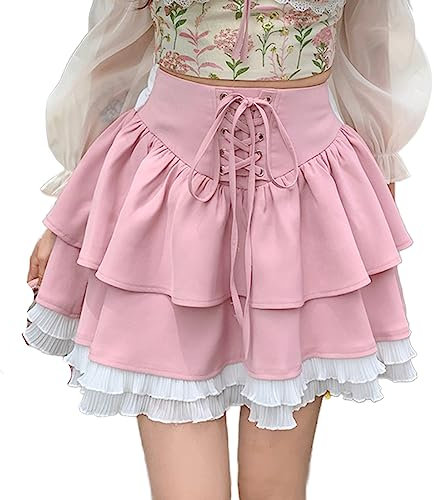 RILGOU Harajuku Pastel Kawaii Gothique Mode Casual Taille Haute Fermeture Éclair Vintage Ruban Garniture Dentelle Jupe Courte, rose, Taille S