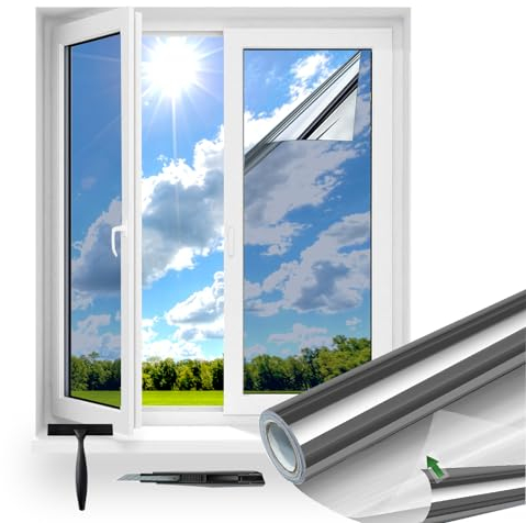 Evofensteere UV Folie Hitzeschutz 44.5x200cm Selbsthaftend Spiegelfolie Fenster Sichtschutz Rückstandslose Sonnenschutzfolie innen oder außen Thermofolie Fenster Gegen Hitze Silber