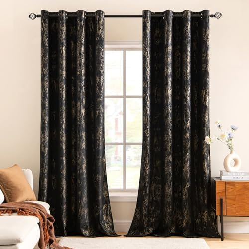 MIULEE Tenda per Camera da Letto in Velluto per Interni Letto Matrimoniale Tende per Finestre Tende per Soggiorno Moderne con Anelli Stampate d'Oro Decorative 2 Pannelli 140X300 cm Nero