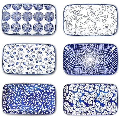 Selamica Assiettes de service, rectangulaires, assiettes à dessert, petites assiettes pour 6 personnes, pour entrées, collations, sushis, fruits, 18,3 × 10,9 cm × 2 cm, bleu vintage