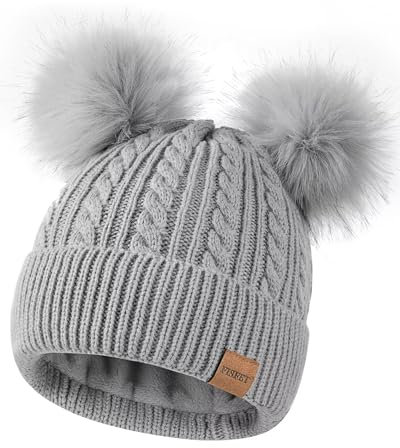 FISFET Mütze Damen Winter mit Doppelter Bommel, Damen Mütze Winter Warme Kaltes Wetter Strick Fleece Gefüttert, Beanie Cap für den Täglichen Gebrauch(Grau)