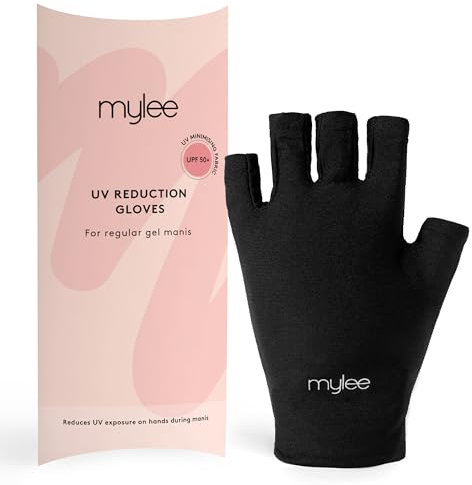 MYLEE UV Reduction Gloves for Gel Nails – Pack of Two Black Fingerless Nail Gloves with UPF 50+ High-tech UV Protection to Shield Skin During Gel Manicures with Nail Lamp
