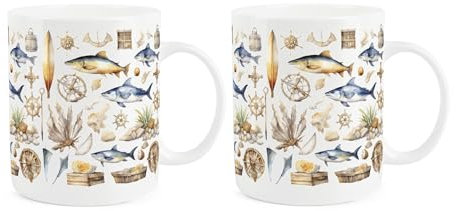 Purely Home Seaside Maritime Aquatic Mugs Set - Sailing Fishing Diving Gift Present - Tea Coffee White Bone China Mug Pack of 2