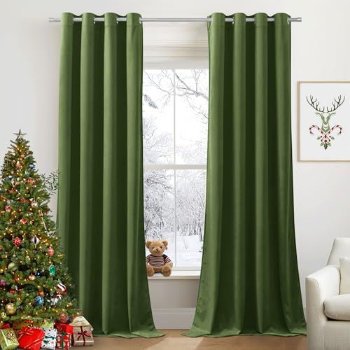 PONY DANCE Samt Gardinen Blickdicht Ösenvorhang 2er Set Wohnzimmer Vorhänge Weihnachten Thermovorhang Kälteschutz (300g/m²) Schwerer Samtvorhang Verdunkelungsvorhang, H 220 x B 132 cm, Olivgrün