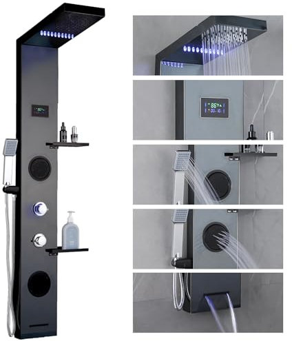 RUITHOE LED Black Shower Panels Tower System with Storage Shelf, LCD Temperature Display 304 Stainless Steel with Rainfall Shower Head with Handheld Massage Body Jets Bathroom Matte Waterfall Bathtub