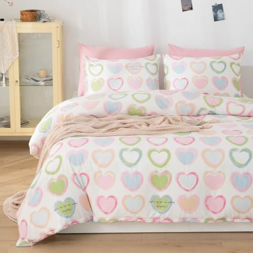Freyamy Housse de Couette 200x200 Rose Amour Parure de lit 2 Personne en Microfibre avec Fermeture Éclair Réversible Sets de Housse Couette Cœur avec 2 Taie d'oreiller 65 x 65cm pour Filles Enfants