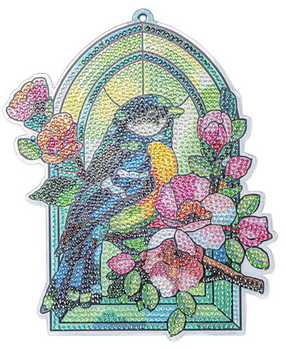 Ideen mit Herz Diamond-Painting-Fensterbild | Glaskunst-Optik | Dekoration & DIY | Material: PET (Kohlmeise mit Blüten)