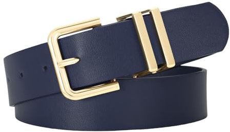 SUOSDEY Damen Ledergürtel für Jeanshosen, Modischer Damen Taillengürtel, Kleidergürtel mit goldener Schnalle 3.3cm Breite marineblau