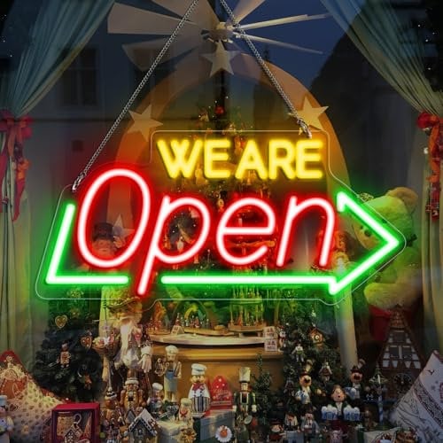 LED Neon We Are Open Signs for Business, 16''x 7.8'' Ultra Bright Open Sign with USB Powered, Neon Open Sign Electric Light Up Sign for Stores, Bars, Hotel, Wall Decor（Red&Green&Yellow）