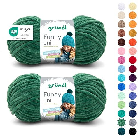 Gründl Wolle Funny uni - weiche Chenille Wolle zum Häkeln - Kuschelig und hautfreundlich - 100% Polyester - 2 Knäuel 100 g / 120 m - Nadelstärke 5-6, Dunkelgrün