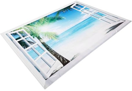 Cabilock Adesivo Da Muro Finestra Finta Spiaggia Con Palma Decorazione Murale Paesaggio Naturale Facile Da Pulire e Rimuovere Wall Sticker Decorativo Per Casa e Ufficio