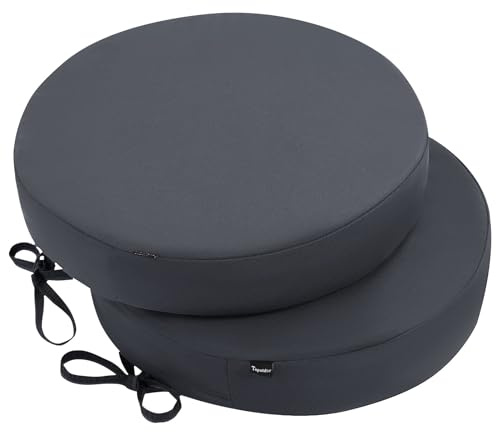 Topotdor Outdoor-Bistro-Stuhlkissen, 38,1 x 38,1 x 7,6 cm, wasserdicht, Terrassenstuhlkissen für Gartenmöbel, runde Outdoor-Sitzkissen, Farbechtheit, Stuhlkissen mit Bändern, Grau, 2 Stück